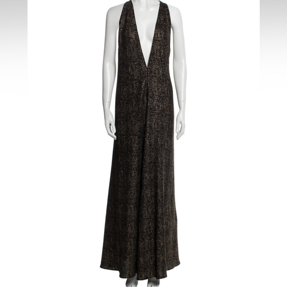 Reformation Black and Gold Evening Gown Deep Cut Front Back size Medium - Picture 2 of 8
